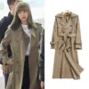 Khaki Mid-Length Trench Coat with Belt for Petite Women