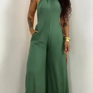 Backless Halter Neck Green Jumpsuit for Daily Wear