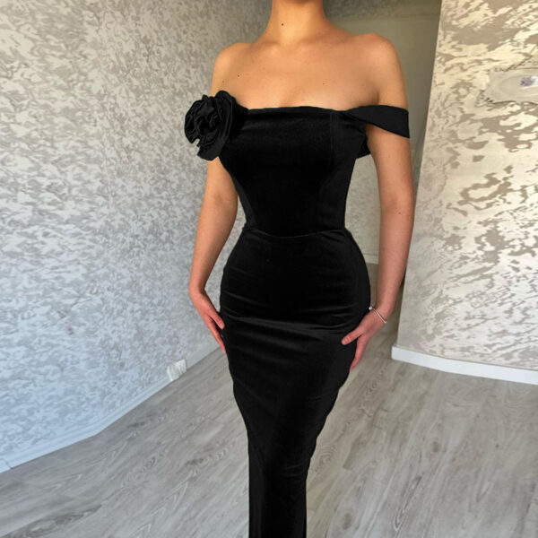 Slim-fit Velvet Flower Off-shoulder Dress Women Slim-fit Velvet Flower Off-shoulder Dress Women