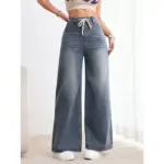Retro Lace-Up High-Waist Wide Leg Cotton Jeans for Women