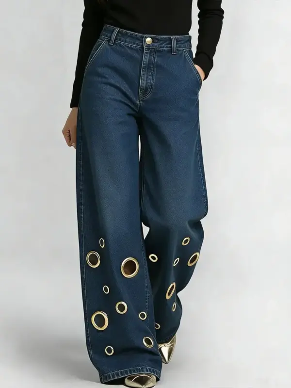 High-waisted Loose-fit Denim Jeans With Cutout Detailing And Metal Eyelets