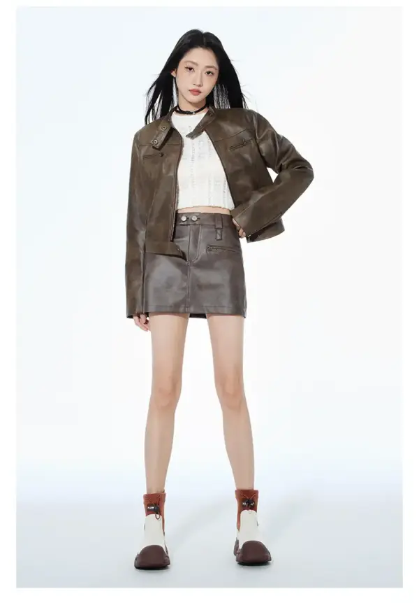 Short Leather Jacket Slim Brown Jacket Motorcycle Jacket