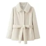 Belt-Effect Slim-Fit Lapel Faux Fur Coat for Women