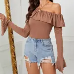 Ruffled-edge Long-sleeve T-shirt Figure-hugging Waist-cinching Base Layer