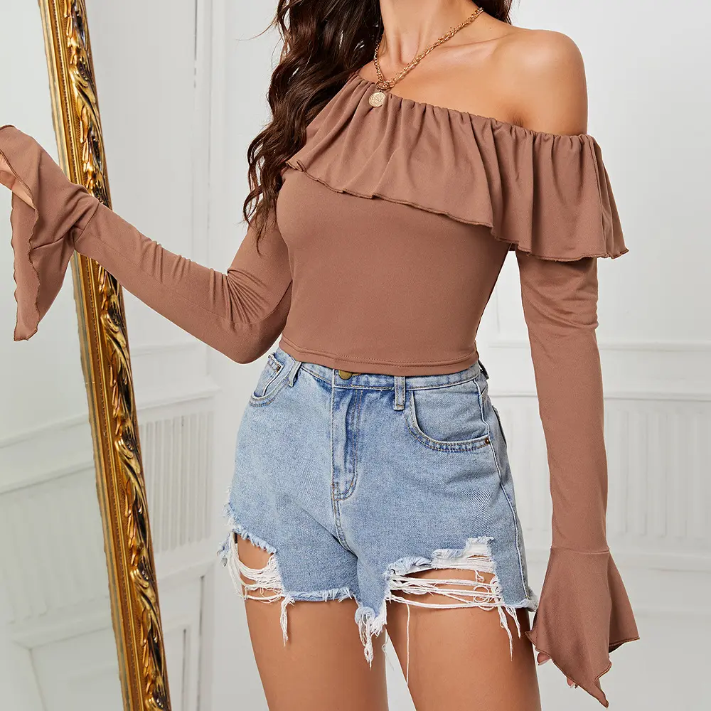 Ruffled-edge Long-sleeve T-shirt Figure-hugging Waist-cinching Base Layer