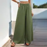 Army Green Wide-Leg Pants for Women with Elastic Waist