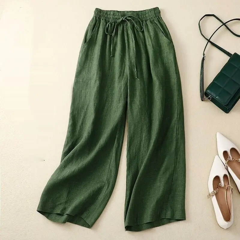 Retro Cotton And Linen Cropped Wide-leg Pants Women Retro Cotton And Linen Cropped Wide-leg Pants Women