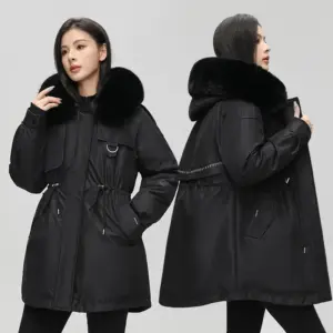 Warm Below-Knee Cotton Coat with Fur-Trimmed Collar