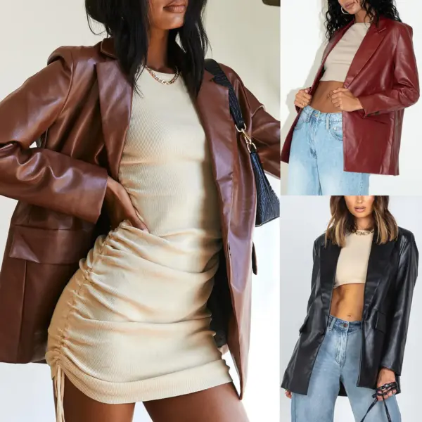Women's Warm Leather Jacket with Peter Pan Collar - Black