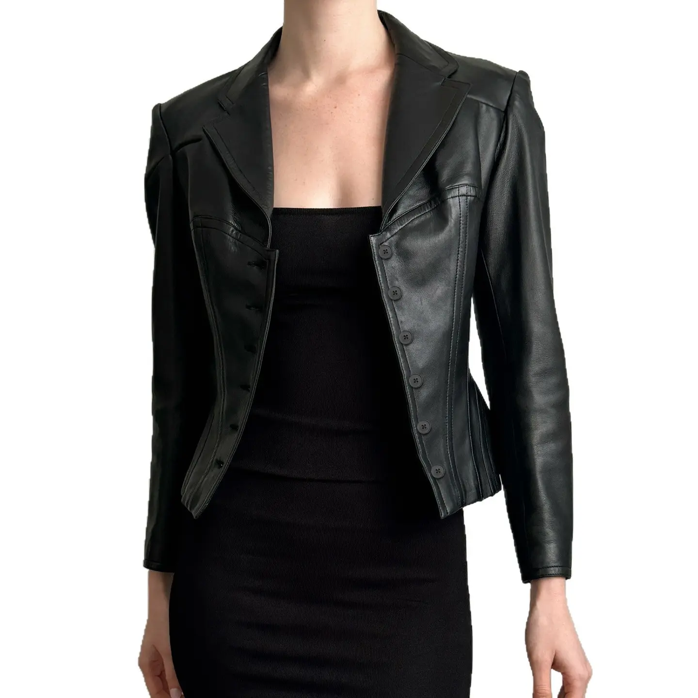 Dark Style Short Black Leather Jacket for Women, V-Neck Lapel Dark Style Short Black Leather Jacket for Women, V-Neck Lapel