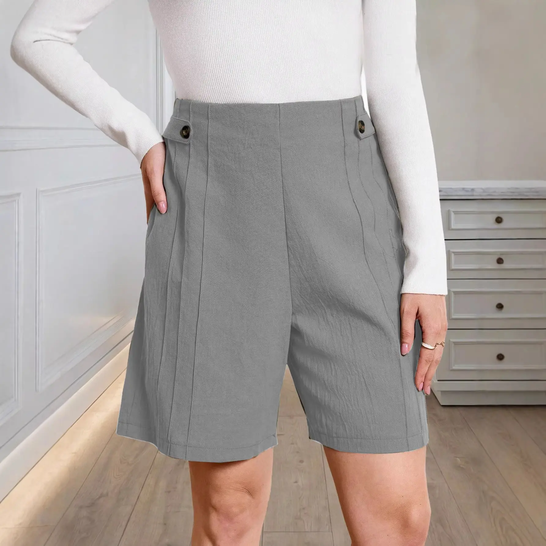 Breathable Linen Blend Mid-Waist Button Shorts for Women