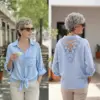 Buttoned V-Neck Lace-Up Shirt with Pockets for Women