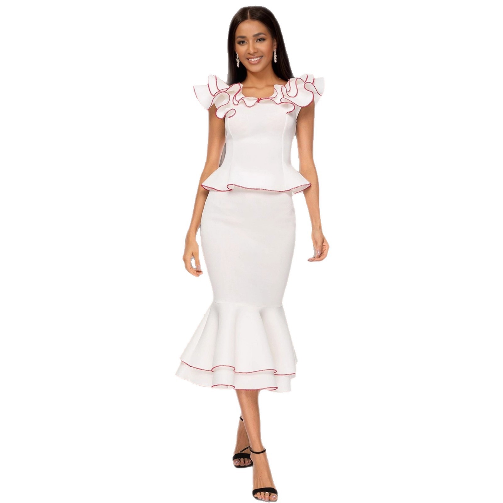 Women's Ruffled Contrast Color Top Temperament Slim Fishtail Skirt Suit Women's Ruffled Contrast Color Top Temperament Slim Fishtail Skirt Suit