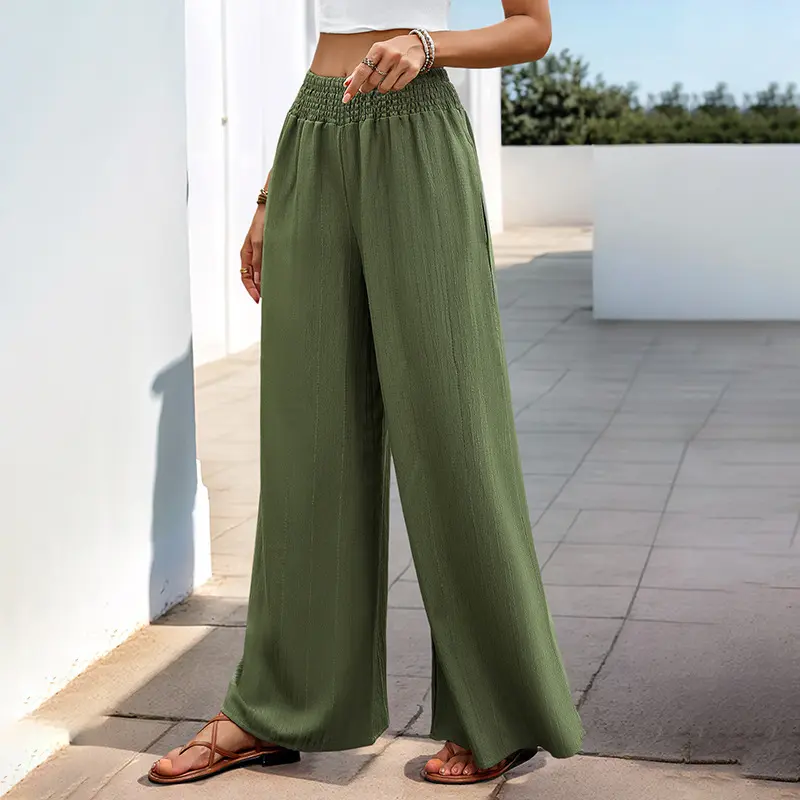 Army Green Wide-Leg Pants for Women with Elastic Waist