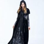 Spooky Gothic Witch Maxi Dress for Women, Black Hooded