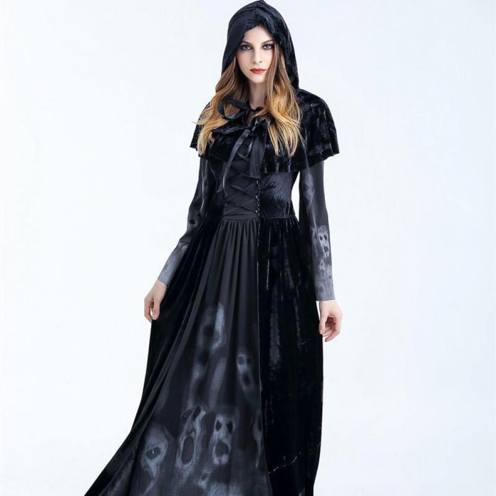Spooky Gothic Witch Maxi Dress for Women, Black Hooded