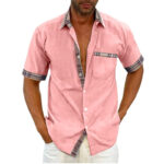 Contrast Button-Up Short Sleeve Shirt for Men - Lapel