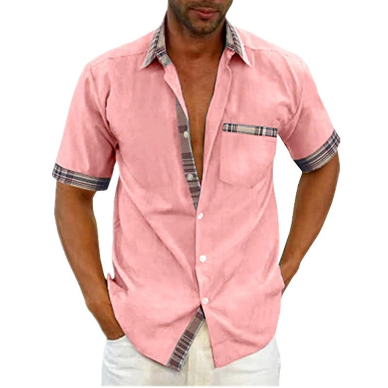 Contrast Button-Up Short Sleeve Shirt for Men - Lapel