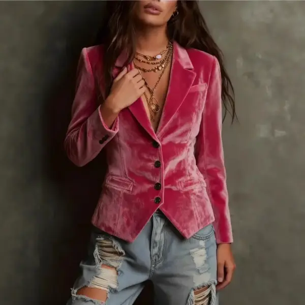 Womens Long-sleeve Shirt-collar Velvet Blazer