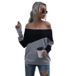 Loose-fitting Spliced Off-shoulder Pullover Contrast-color Long-sleeve T-shirt
