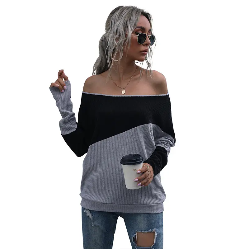 Loose-fitting Spliced Off-shoulder Pullover Contrast-color Long-sleeve T-shirt
