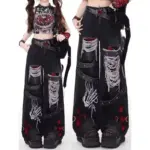 Distressed Ripped High-Waist Black Denim Jeans, Stretchless