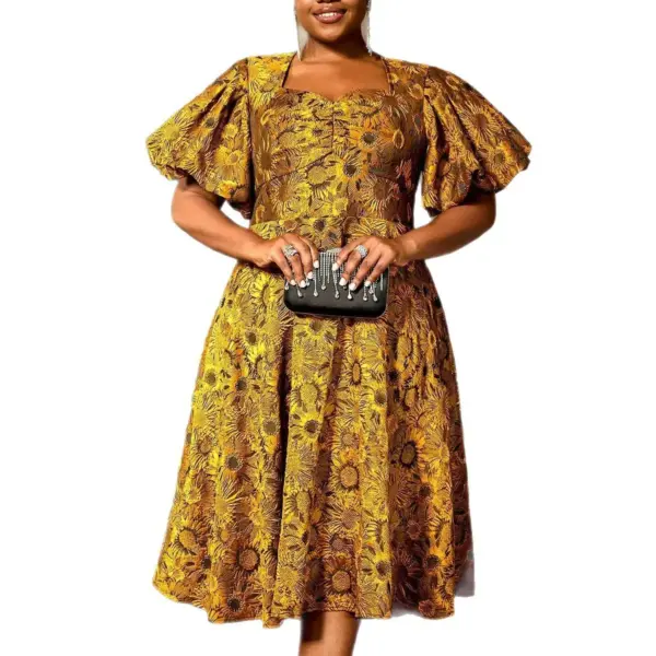 Puff Sleeve Jacquard Square Collar A Swing Long Cocktail Party Dress