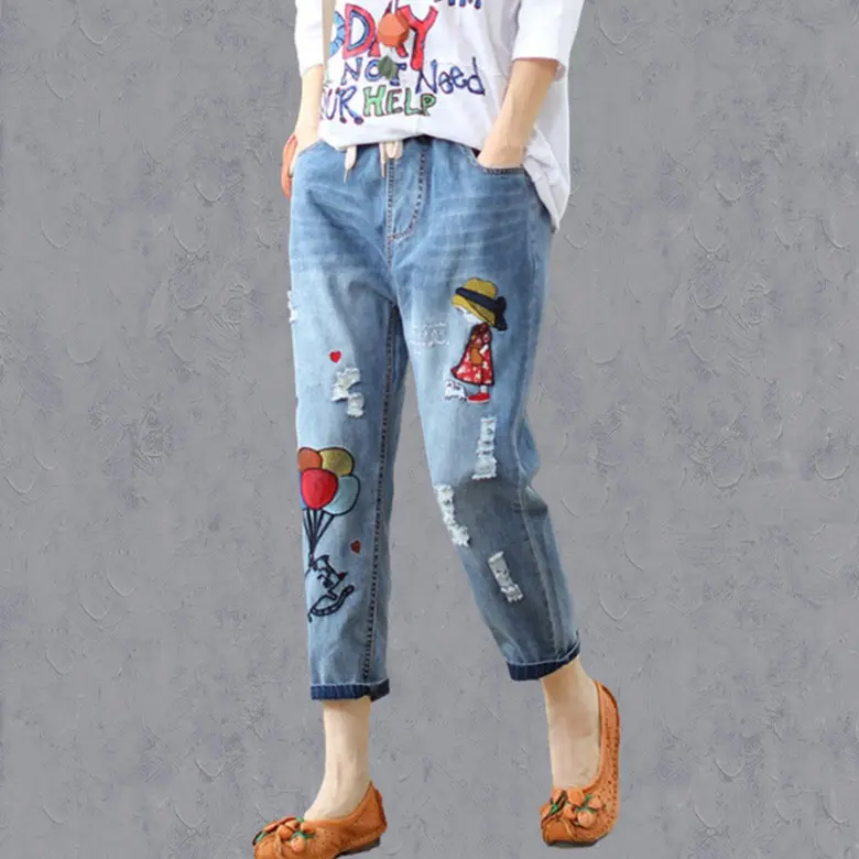 Embroidered High-Waist Cropped Harem Denim Pants for Women Embroidered High-Waist Cropped Harem Denim Pants for Women