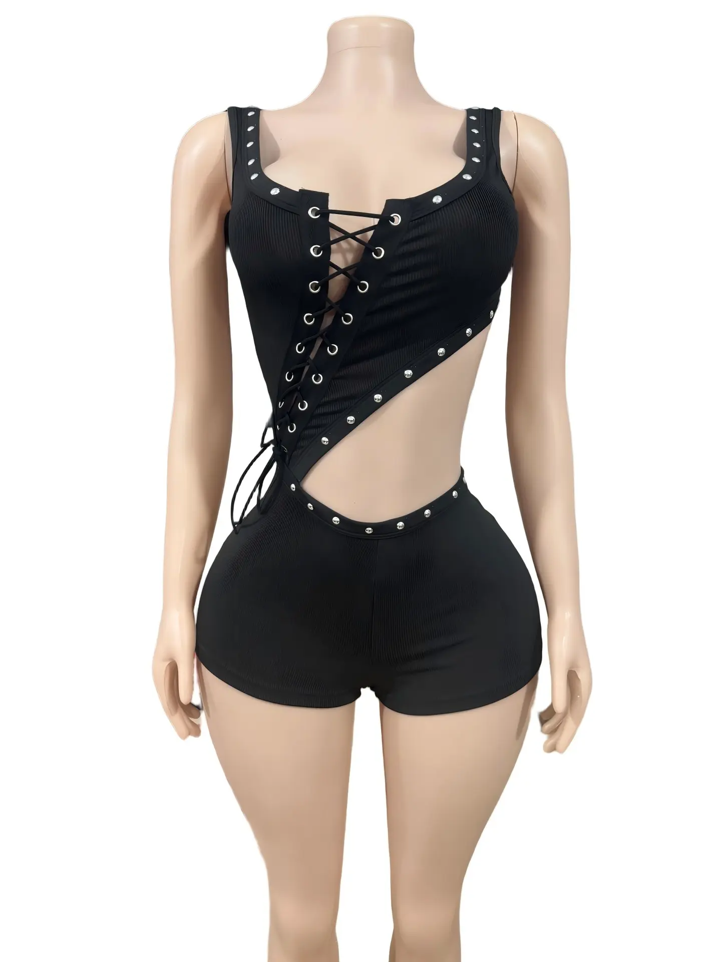 Stretch Black Ribbed Cropped Jumpsuit Romper with Straps Stretch Black Ribbed Cropped Jumpsuit Romper with Straps