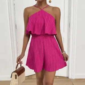 Crinkled Halter Neck Ruffled Jumpsuit for Summer, Flared Legs