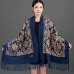 Embroidered Faux Cashmere Shawl Scarf with Tassels