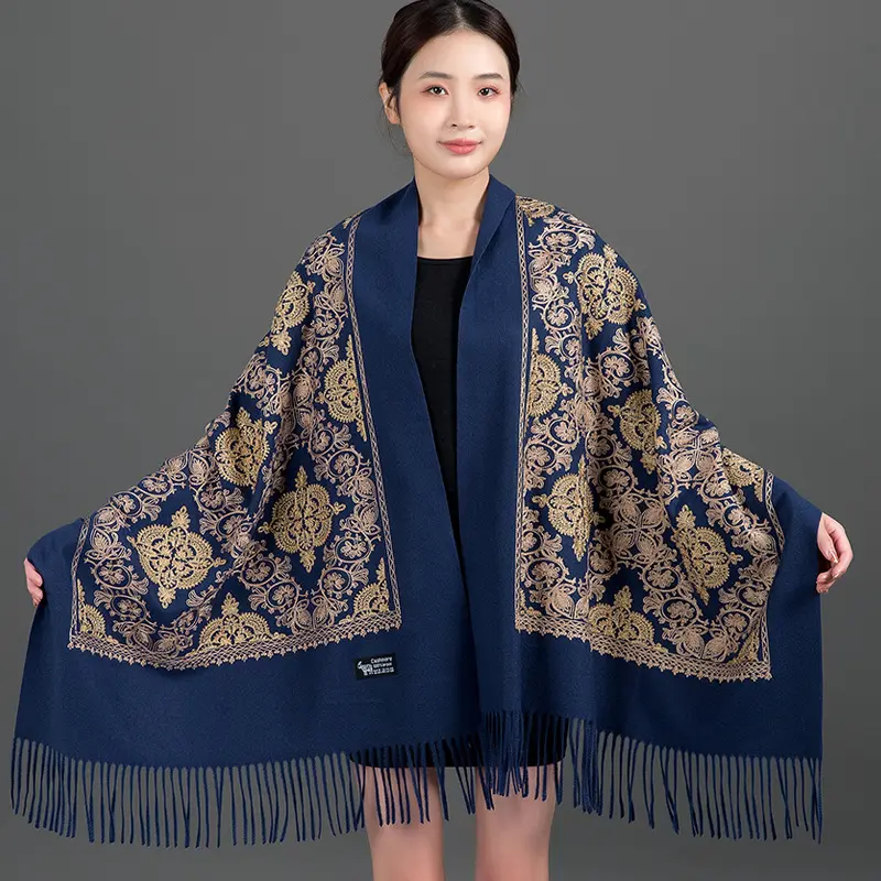 Embroidered Faux Cashmere Shawl Scarf with Tassels