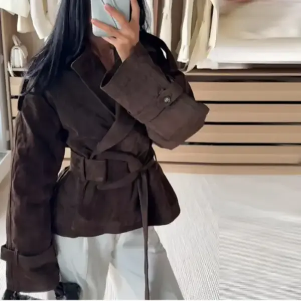 Retro Brown Lace-Up Suede Jacket For Women Retro Brown Lace-Up Suede Jacket For Women