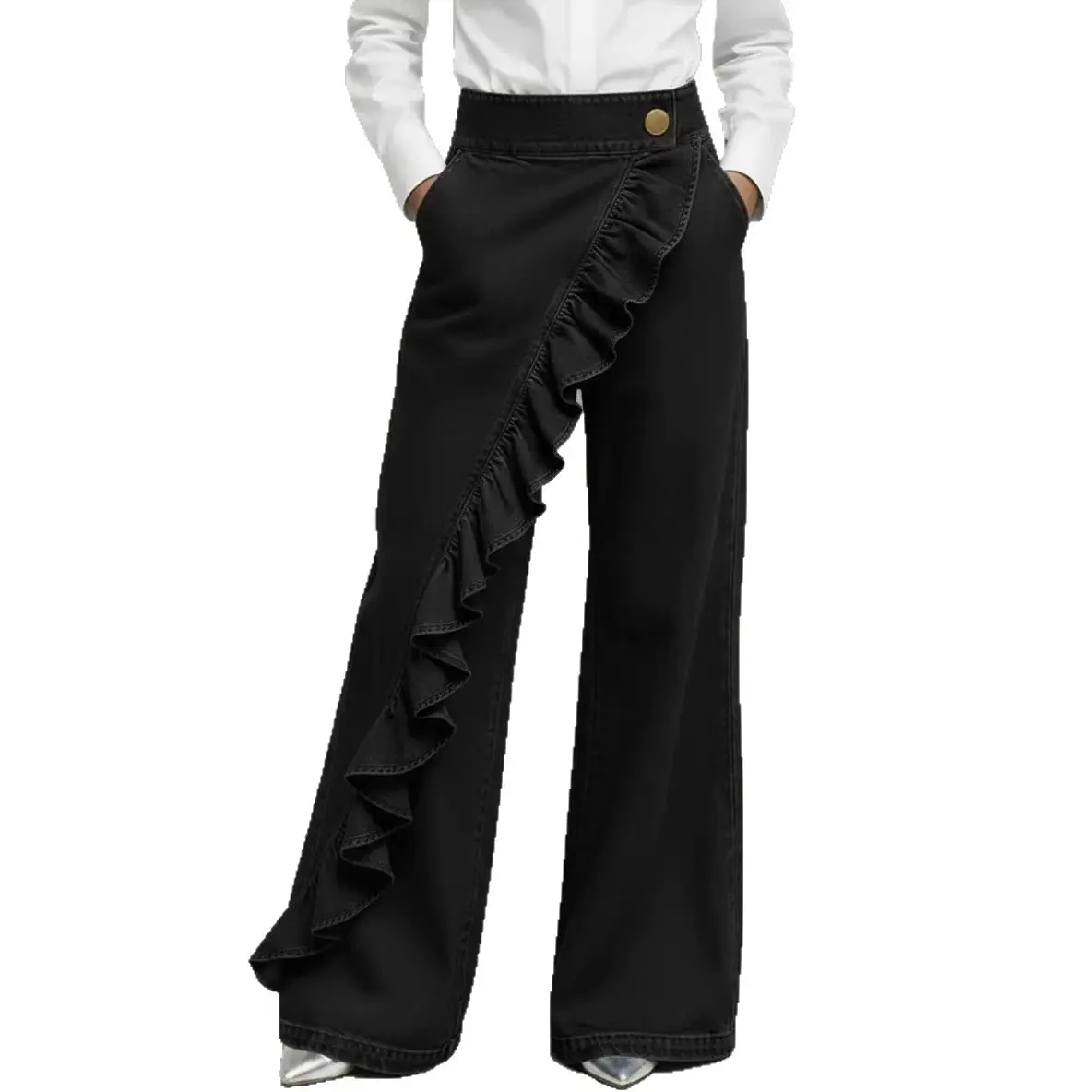 Vintage High-Waist A-Line Denim Trousers with Buttons