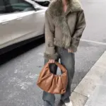 Warm Short Biker Leather Fur Jacket with Suede Lining