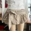 Apricot Plaid Micro Mini Cotton Linen Skirt with Belted Waist