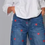 Washed Slim Fit Denim Jeans for Women with Heart Print
