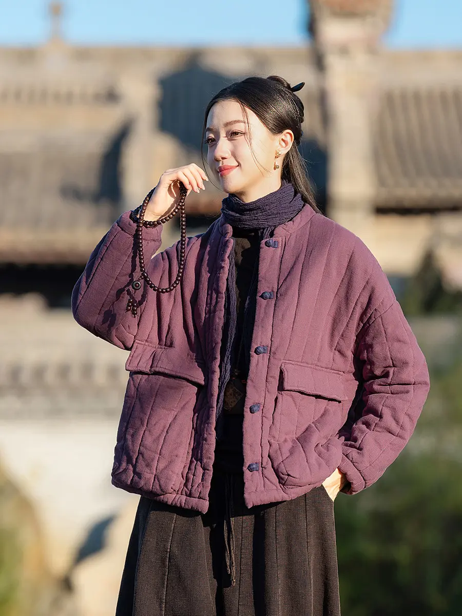 Womens Retro Colorblock Padded Jacket with Knotted Buttons