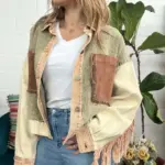 Washed Contrast-Color Fringe Raw-Edge Work Jacket for Women