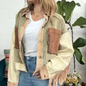 Washed Contrast-Color Fringe Raw-Edge Work Jacket for Women