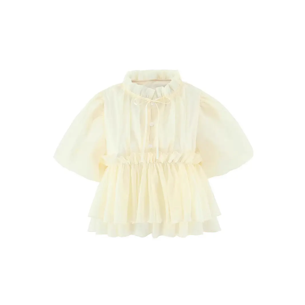Elegant Stand-Up Collar Blouse with Lace-Up Puff Sleeves