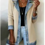 Structured Suit Collar Patchwork Denim Coat for Women