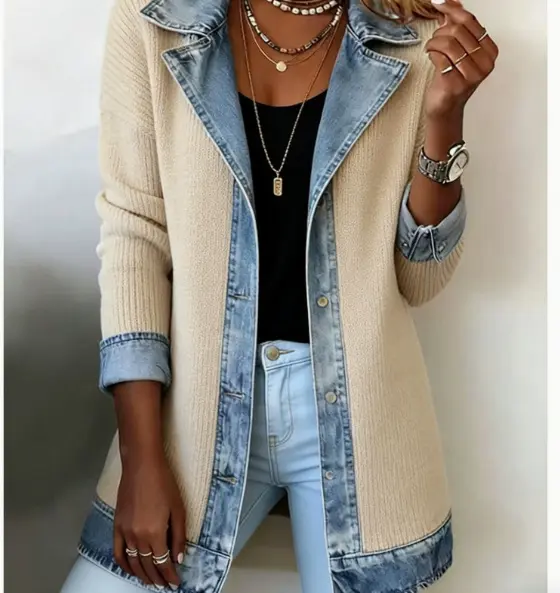 Structured Suit Collar Patchwork Denim Coat for Women