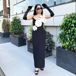 Backless 3 D Flower Spandex Bandage Dress, Black