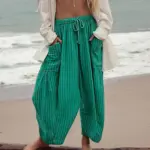 Striped Straight-leg Pants Elastic Waist Cropped Pleated Pants