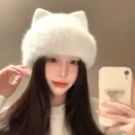 Warm Beige Cat-Ear Wool Knit Hat for Women, Winter M