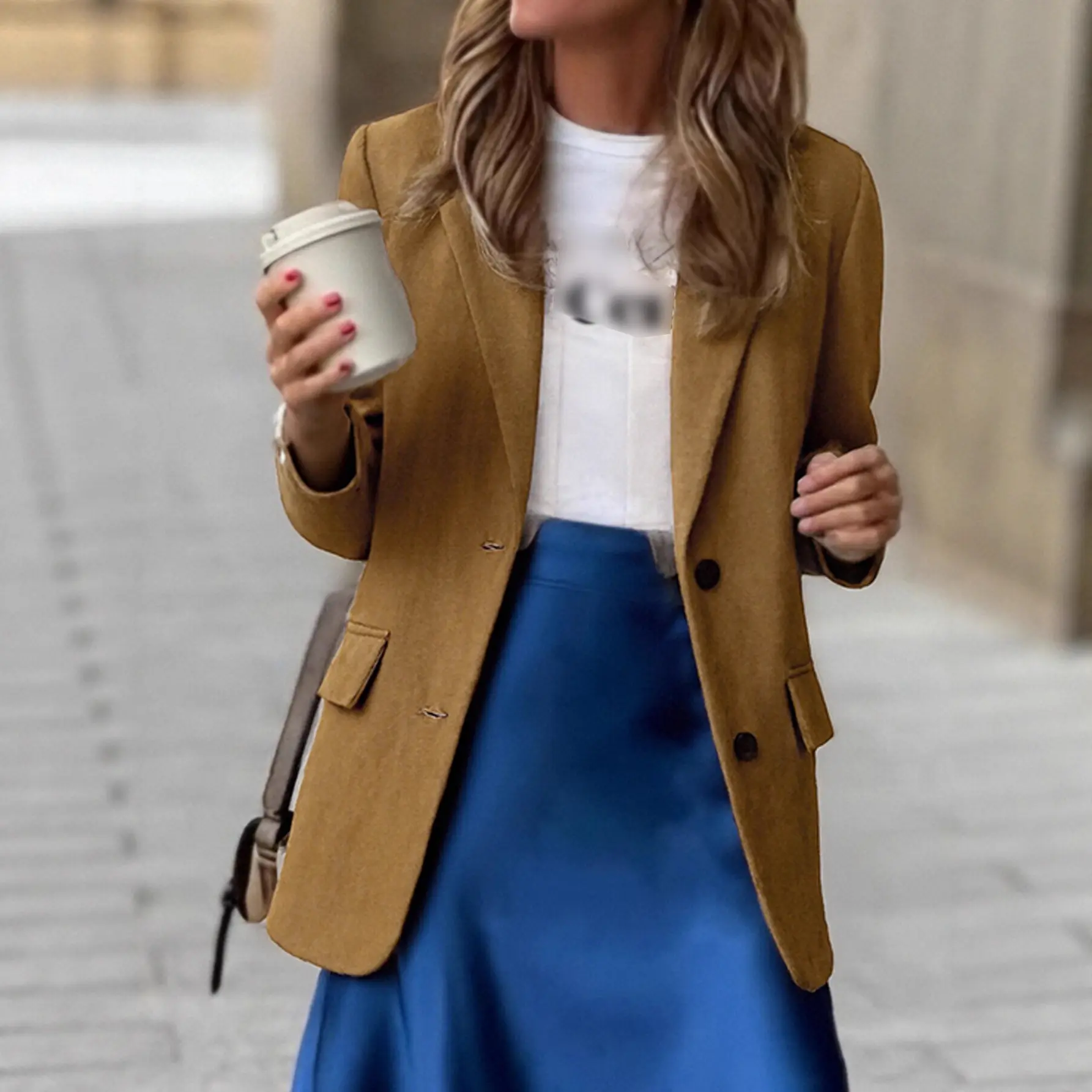 Structured Caramel Suede-Look Long-Sleeve Blazer with Buttons Structured Caramel Suede-Look Long-Sleeve Blazer with Buttons