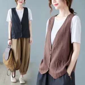 Relaxed Fit Cotton-Linen Sleeveless Vest with Button Detail