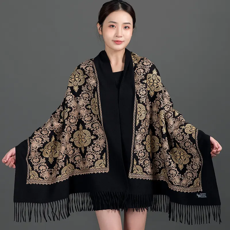 Embroidered Faux Cashmere Shawl Scarf with Tassels