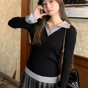 Polo-neck Flared Long-sleeve Elegant Sweater Top